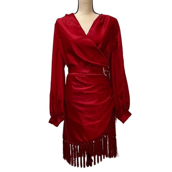 FTF Belted Satin Mini Dress With Tassels - Picture 2 of 14